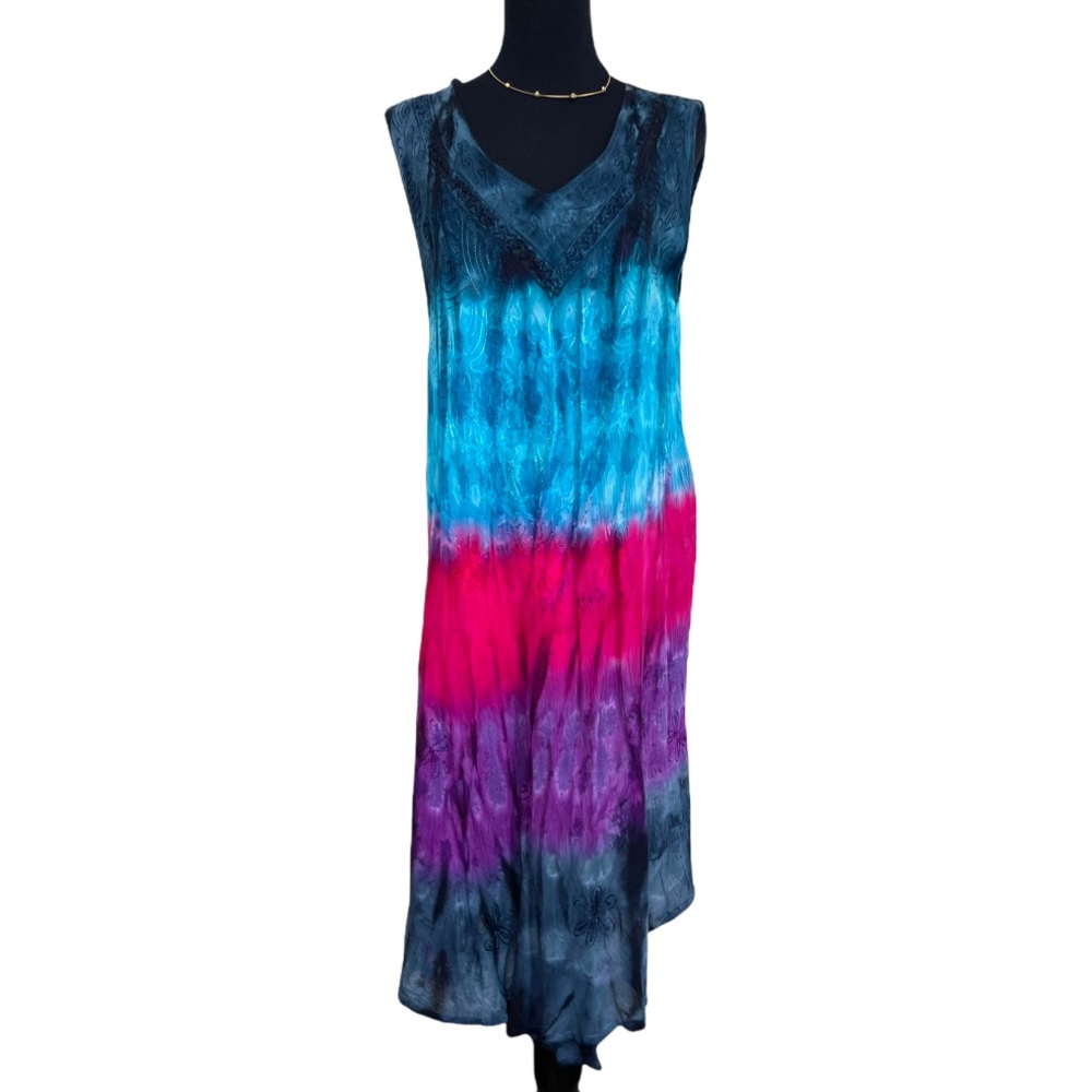 Shiva fashions Multi tie dye color midi sleeveless boho asymmetric dress